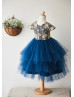 Cap Sleeves Gold Lace Navy Blue Tulle Tea Length Flower Girl Dress